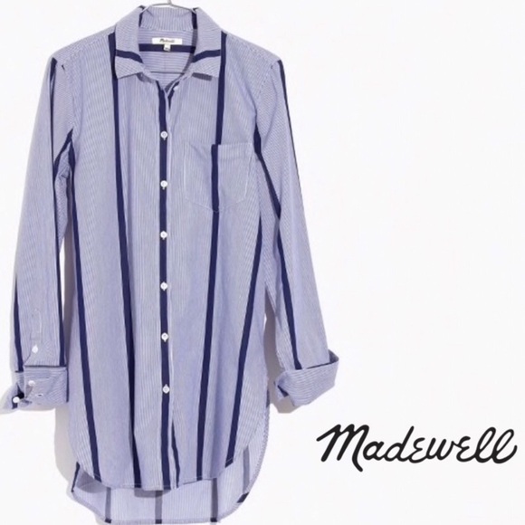 MADEWELL Striped Top Button-Down Tunic Shirt Size Small Navy Blue White - Picture 3 of 11